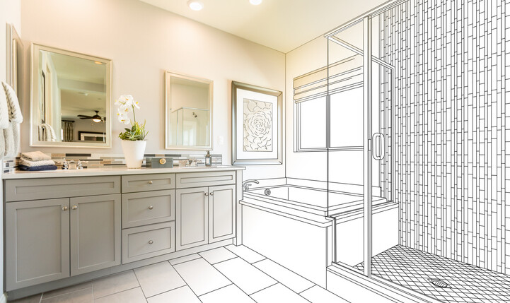 real bathroom image merged with design sketch
