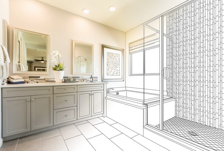 real bathroom image merged with design sketch